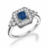 2ct Cushion Cut Blue Sapphire Halo Art Deco Engagement Ring 14k WhiteGold Finish