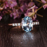 2ct Oval Cut Blue Aquamarine Diamond Accents Engagement Ring 14k RoseGold Finish