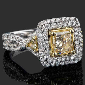 3ct Princess Cut Yellow Sapphire Dual Halo Split Shank Ring 14k Dual Gold Finish