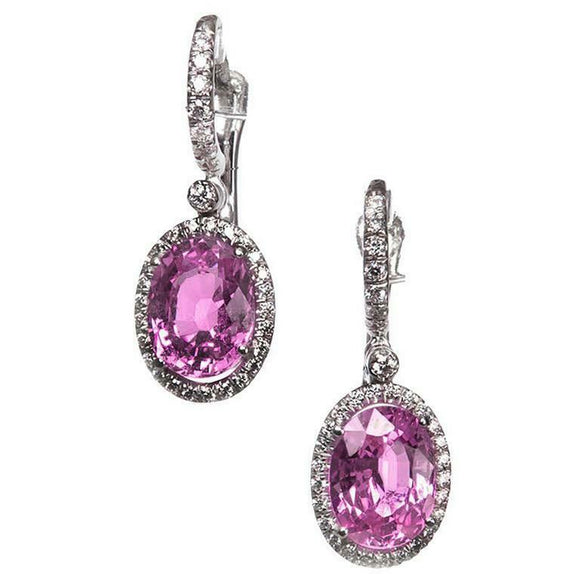 2ct Oval Cut Pink Sapphire Diamond Halo Drop Earrings 14k White Gold Finish