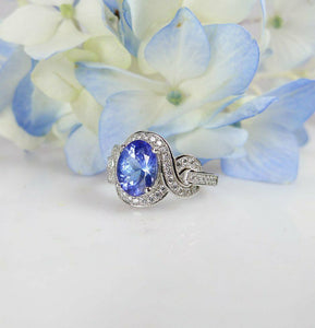 1.4ct Oval Cut Blue Tanzanite Engagement Ring 14k WhiteGold Finish Unique Design