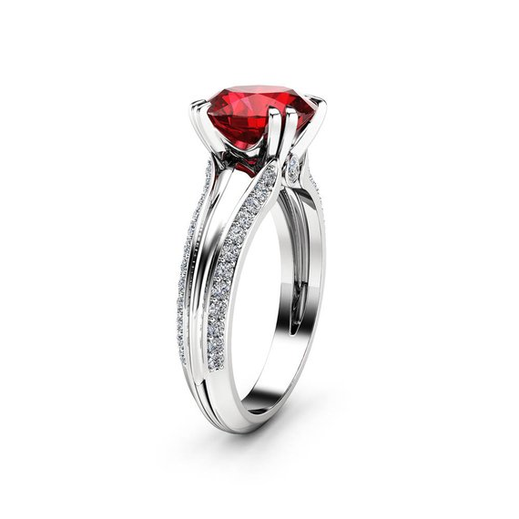 2ct Round Cut Red Garnet Engagement Ring 14k White Gold Finish Unique Solitaire