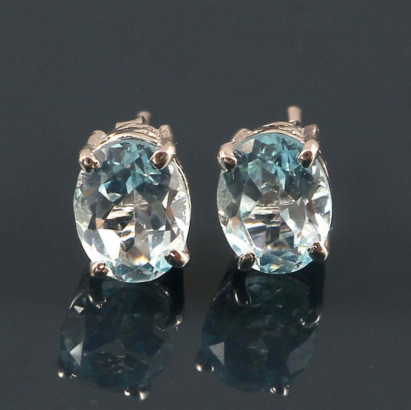 2.4ct Stud Earrings Oval Cut Blue Aquamarine Solitaire 14k White Gold Finish