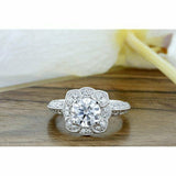 4Ct Round Cut Diamond Floral Milgrain Halo Engagement Ring 14K White Gold Finish