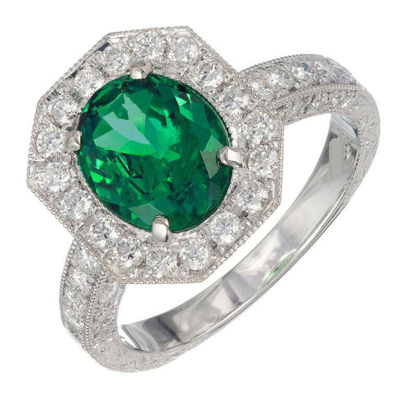 2ct Oval Cut Green Emerald Engagement Ring Halo Milgrain 14k White Gold Finish