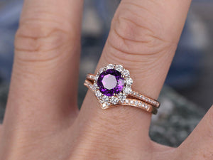 2.5Ct Round Cut Purple Amethyst Bridal Set Floral Ring Band 14K Rose Gold Finish