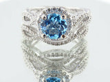 4Ct Round Cut Blue Topaz Diamond Bridal Set Halo Ring Band 14K White Gold Finish