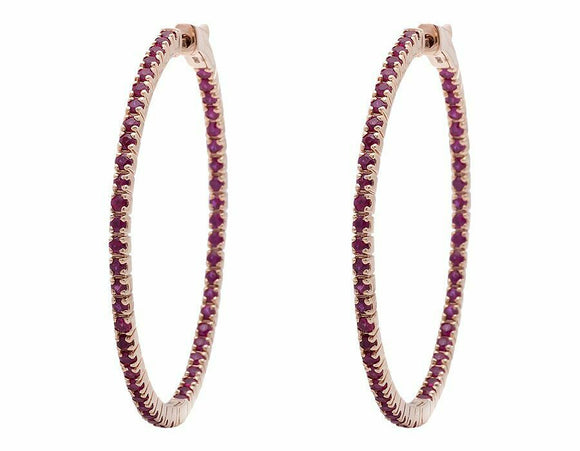 2.25ct Round Cut Pink Ruby Inside Out Style Hoop Earrings 14k Rose Gold Finish