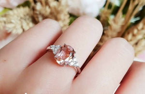 1.5ct Oval Peach Morganite Engagement Ring 14k White Gold Finish Trilogy Promise