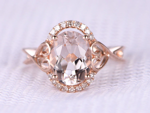 4.5ct Oval Cut Peach Morganite Engagement Ring Filigree Floral 14k RoseGold Over