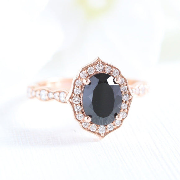 Vintage Floral Engagement Ring 1.2ct Oval Cut Black Diamond 14k Rose Gold Finish