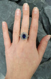 2.4ct Oval Cut Blue Sapphire Vintage Inspired Halo Ring 14k White Gold Finish