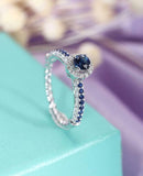 2ct Round Blue Sapphire Engagement Ring Diamond Halo Twisted 14k White Gold Over