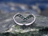 0.27ct Princess Cut Green Emerald V Shaped Petite Curved Ring 14k WhiteGold Over