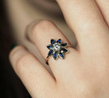 4ct Round Cut Diamond Blue Sapphire Flower Engagement Ring 14k White Gold Finish