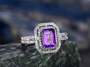 1ct Emerald Cut Amethyst Solitaire Halo Engagement Ring 14k White Gold Finish