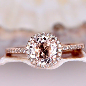 1.2ct Round Cut Peach Morganite Halo Promise Engagement Ring 14k RoseGold Finish