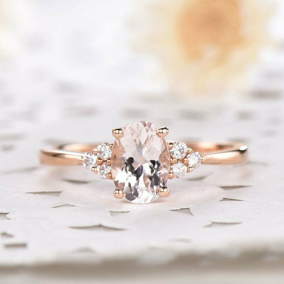 1.5ct Oval Cut Morganite Engagement Ring Petite Round Accents 14k Rose Gold Over