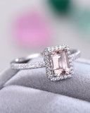 3Ct Emerald Cut Peach Morganite Halo Ring 14K White Gold Over with Round Accents