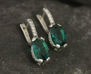 2ct Drop Earrings Oval Cut Green Emerald Vertical Bar 14k White Gold Finish