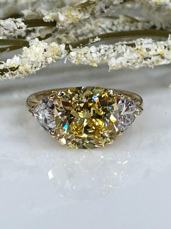 1.3ct Cushion Cut Yellow Sapphire 3 Stone Engagement Ring 14k White Gold Finish