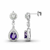 4Ct Pear Cut Purple Amethyst Diamond Halo Tear Drop Earrings 14K White Gold Over