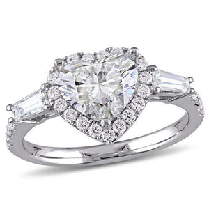 2Ct Heart Cut Diamond Halo Solitaire Ring 14K White Gold Finish Baguette Accents