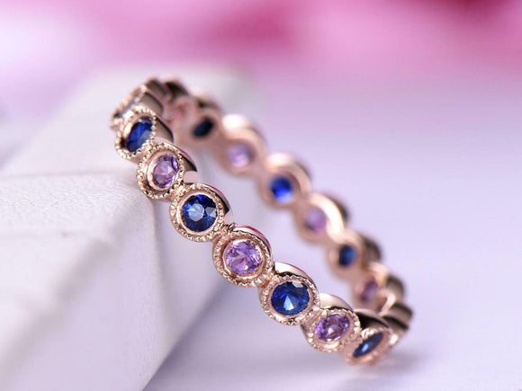 2ct Round Cut Blue Sapphire Alternate Amethyst Eternity Band 14k Rose Gold Over