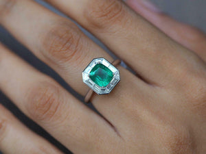 2ct Engagement Ring Cushion Cut Green Emerald Baguette Halo 14k WhiteGold Finish