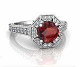 2ct Round Cut Red Garnet Vintage Inspired Starburst Ring 14k White Gold Finish