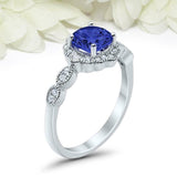 2ct Round Blue Sapphire Engagement Ring Vintage Halo Art Deco 14k WhiteGold Over