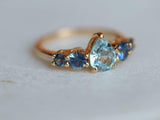 1.5ct Engagement Ring Pear Cut Blue Aquamarine Five Stone 14k Yellow Gold Finish