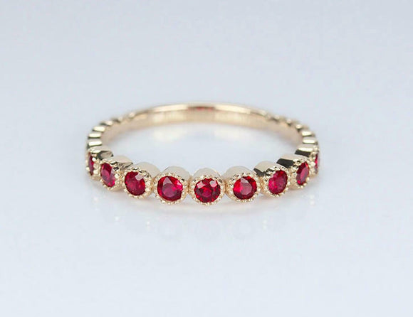 1.2ct Round Pink Ruby Wedding Band Half Eternity Stackable 14k Yellow Gold Over