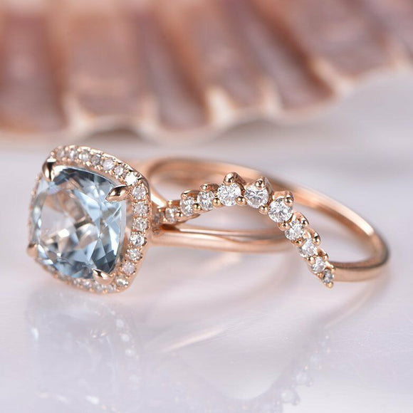 1.9ct Cushion Cut Blue Aquamarine Bridal Set Engagement Ring 14k RoseGold Finish