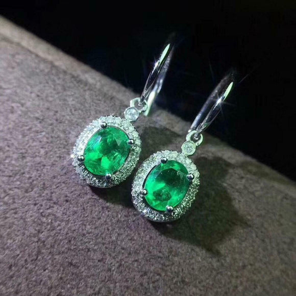 2ct Oval Cut Emerald Diamond Halo Fish Hook Drop Earrings 14k White Gold Finish