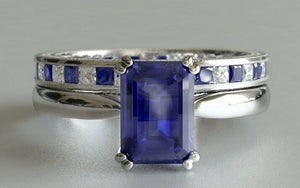 2.5ct Emerald Cut Blue Sapphire Engagement Ring Bridal Set 14k White Gold Finish