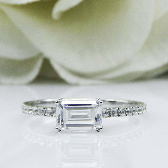 1.2ct Emerald Cut Diamond Engagement Ring East West Solitaire 14k WhiteGold Over