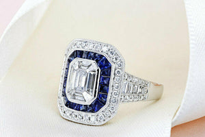 5Ct Emerald Cut Diamond Sapphire Art Deco Engagement Ring 14K White Gold Finish