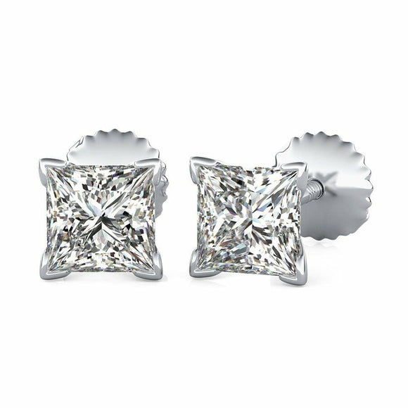 Screw Back Stud Earrings 1.5ct Princess Cut VVS1D Diamond 14k White Gold Finish