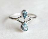 1ct Pear Blue Aquamarine Stylish Two Stone Split Shank Ring 14k White Gold Over