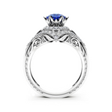 1ct Round Cut Blue Sapphire Engagement Ring 14k White Gold Finish Halo Flower