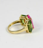 4Ct Emerald Cut Pink Sapphire Peridot Three Stone Ring 14K Yellow Gold Finish