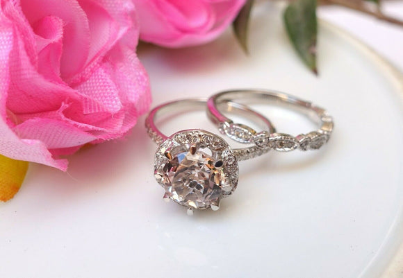 2ct Round Cut Peach Morganite Engagement Ring 18k White Gold Finish Bridal Set