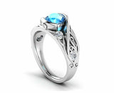 2ct Round Cut Blue Aquamarine Leaf Vine Solitaire Accent Ring 14k WhiteGold Over