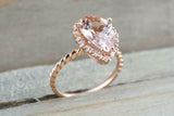 1.6ct Pear Cut Peach Morganite Diamond Halo Rope Band Ring 14k Rose Gold Finish