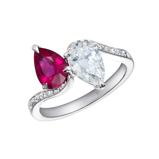 3Ct Pear Cut Pink Ruby Diamond Two Stone Engagement Ring 14K White Gold Finish