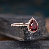 1.2ct Pear Cut Red Garnet Engagement Ring 14k Rose Gold Finish Halo Tear Drop