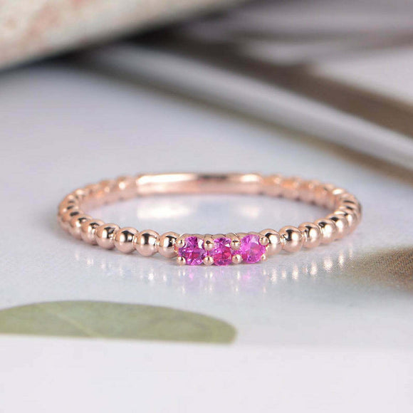 0.3ct Round Cut Pink Sapphire Engagement Ring Trilogy Beaded 14k Rose Gold Over