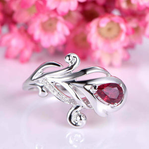 1.2ct Pear Pink Ruby Engagement Ring Flower Feather Design 14k White Gold Finish