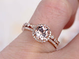 2ct Round Cut Peach Morganite Halo Bridal Set Engagement Ring 14k Rose Gold Over